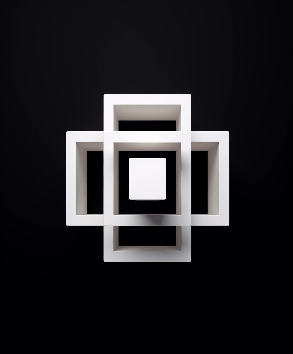 The square in the black background on a white sheet of paper, in the style of mass-produced objects, minimalist illustrator, criterion collection, blocky, oku art, 1970–present, three-dimensional puzzles