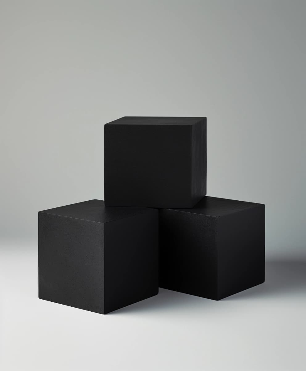 Three large black cubes are placed in two different areas, in the style of minimalist illustrator, fluxus, don blanding, animated gifs, personal iconography, subtle tonal range, ready-made objects