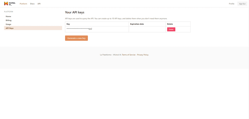 Mistral Dashboard API Keys