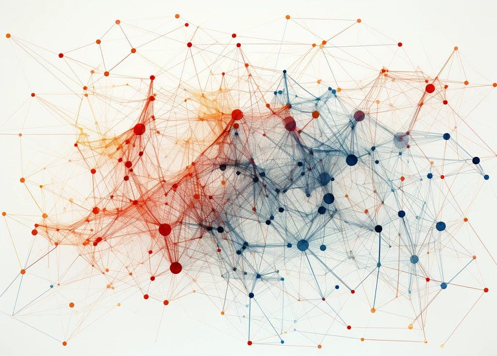 A network, dta diagram, and two lines inside them, in the style of spatial, rounded, sparse, swirling vortexes, complex enigmas, stark realism, congruent